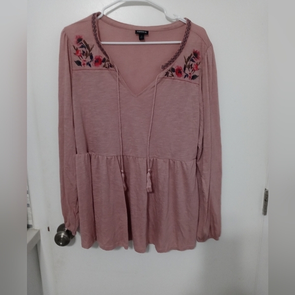 Torrid 1 long sleeve Rose Pink Embroidered Floral Semi Sheer Blouse - Picture 1 of 10